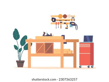 Carpentry Workshop Interior Showcases Wooden Workbench with Plane, Shelf Of Tools, Hanging Saws, Drills And Hammers