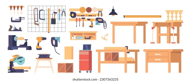 Carpentry Workshop Items Set. Workbench, Saw, Hammer And Chisel, Screwdriver, Drill, Measuring Tape Or Pliers