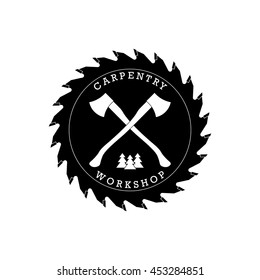 Carpentry workshop logo label with axes. Vector illustration