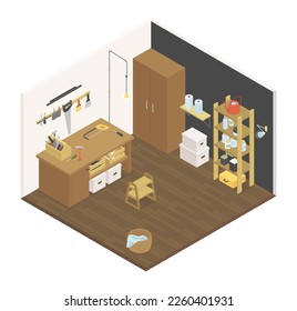 Carpentry workshop - modern vector colorful isometric illustration. Workplace with tools - saw, hammer, screwdriver, spatula, cans of varnish and paint, watering can. Wardrobe, table, shelf and ladder