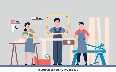 Carpentry workshop. Teacher and students working with wooden materials. School handycraft education, carpenter at work recent vector scene