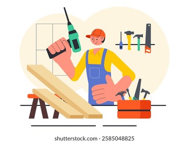 Carpentry Workshop Vector Illustration featuring Woodworking DIY, Wood Boards, Furniture Making, and a Craftsman Working with Timber in a Background