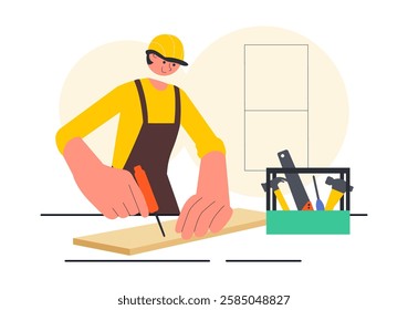 Carpentry Workshop Vector Illustration featuring Woodworking DIY, Wood Boards, Furniture Making, and a Craftsman Working with Timber in a Background