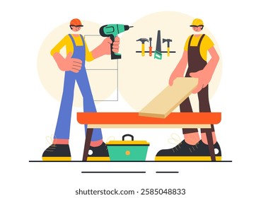 Carpentry Workshop Vector Illustration featuring Woodworking DIY, Wood Boards, Furniture Making, and a Craftsman Working with Timber in a Background