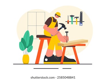 Carpentry Workshop Vector Illustration featuring Woodworking DIY, Wood Boards, Furniture Making, and a Craftsman Working with Timber in a Background