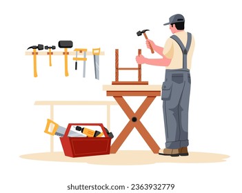 Carpentry workshop with work tools, repair and renovation. Illustration of work repair, workshop carpentry