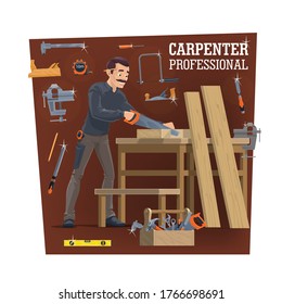 Carpentry workshop worker with tools, vector. Carpenter cutting a wood plank with handsaw and making furniture. Vise and joiner plane, jigsaw, file and measure tape, tools in toolbox. Woodwork