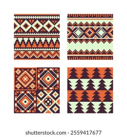 Carpet abstract pattern set, pixel art style seamless background, fashion trend fabric textures, vector illustration. Design for greeting card, web and mobile app.