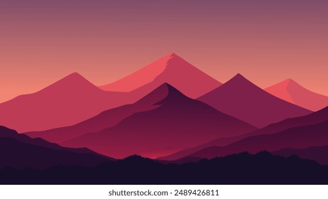 A carpet of blooming rhododendron flowers covered mountain hills under a deep red sky. Pink filter toned. flat vector illustration The beauty of nature