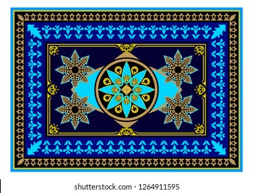 Carpet with blue and yellow colors. The Eastern rectangular rug with different patterns and frames. Tribal texture Vector Illustration