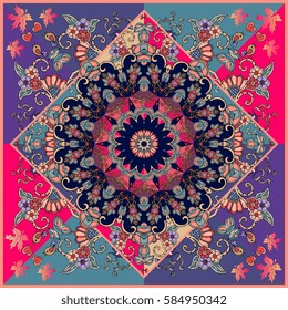 Carpet or ceramic tile with flower mandala on ornamental background. Autumn maple leaves, birds, hearts. Unique vector illustration.