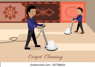 Carpet cleaning conceptual vector. Flat design. Male cleaners working with surface washing machines, carpets with ornaments on the wall. Illustration for cleaning companies and services advertising