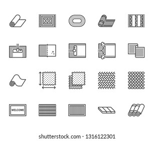 Carpet cleaning flat line icons set. Rug steaming, bamboo mat, persia carpets, flooring vector illustration. Thin signs for housekeeping service, interior store. Pixel perfect 64x64. Editable Strokes.