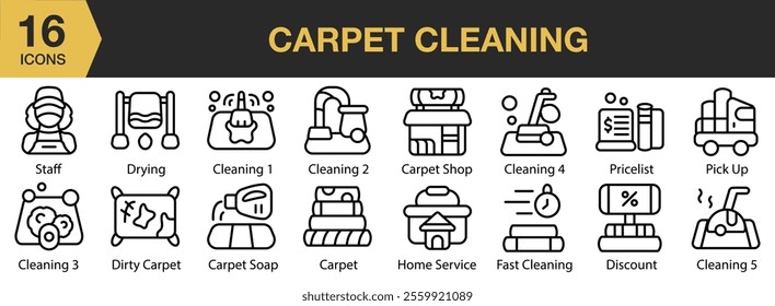 Carpet Cleaning icon set. Includes Carpet, Clean, Cleaning, Laundry, Steam, Wash, and More. Outline icons vector collection.