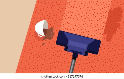 Carpet cleaning service banner. Cup of coffee spilling on carpet. Professionally cleaning carpets. Vacuum cleaner on a carpet with an extra clean strip. House cleaning concept. Vector illustration