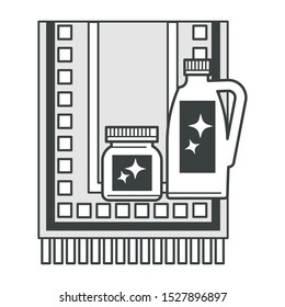 Champú de limpieza de alfombras, icono de solución de lavado. Espumosa alfombra limpia y dos botellas de productos limpiadores domésticos con chispas en las etiquetas. Ilustración vectorial gráfica de línea aislada sobre fondo blanco.