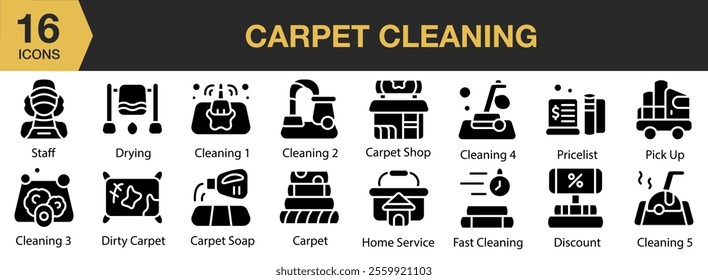 Carpet Cleaning solid icon set. Includes Carpet, Clean, Cleaning, Laundry, Steam, Wash, and More. Solid icons vector collection.