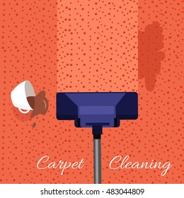 Carpet cleaning vector concept. Flat style. Vacuum cleaner cleans dirty carpet from dirt and stains from spilled coffee. Illustration for cleaning companies and services advertising, web page design
