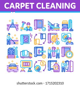Carpet Cleaning Washing Service Icons Set Vector. Dusty And Dirty Carpet And Floor Vacuum Cleaner Equipment, Brush And Broom Concept Linear Pictograms. Color Illustrations