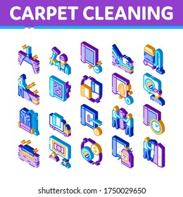 Carpet Cleaning Washing Service Icons Set Vector. Dusty And Dirty Carpet And Floor Vacuum Cleaner Equipment, Brush And Broom Isometric Illustrations