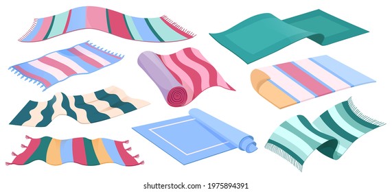 Carpet collection, floor rugs with striped pattern and tassels. Vector cartoon set of cloth mats for home interior and picnic, rectangle cotton woven carpets isolated on white background