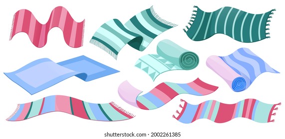 Carpet collection, floor rugs with tassels and striped pattern. Vector cartoon set of rectangle cloth mats for home interior and picnic, rolled up cotton woven carpets isolated on white background