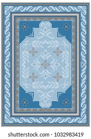 Carpet design with ethnic ornament of blue shades and a floral pattern in bluish tones in the on the middle