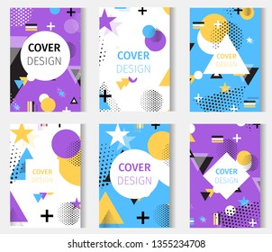 Carpet Design Vector Flat Illustration Abstract Geometric Shapes. Set for Printing on Paper Banner for Internet Resources. Lilac Circle White Star Mesh Gradient Dotted Triangle Big Black Plus.
