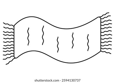 Carpet in doodle style. Curved bathroom rug. Floor covering with thread fringe and wavy pattern. Sketch. Vector illustration. Outline on isolated white background. Interior design. Coloring book.