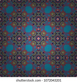 Carpet with ethnic ornament. Motley center in neutral, orange and blue tones. Vector seamless pattern, luxurious colourful old design.
