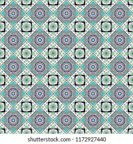 Carpet with ethnic ornament. Motley center in green, white and gray tones. Vector seamless pattern, luxurious colourful old design.