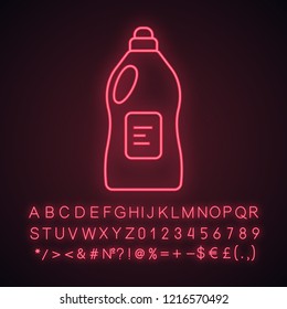 Carpet, floor, tile cleaner neon light icon. Kitchen, bathroom, toilet cleaning agent, detergent. Cleaning product. Glowing sign with alphabet, numbers and symbols. Vector isolated illustration