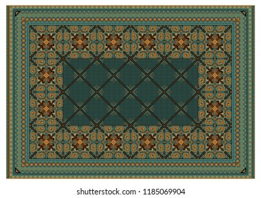 Carpet in of green shades with yellow and brown patterns and with black and brown line intersect in the center
