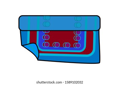 Carpet icon isolated on white background. Cartoon flat roll carpet, blue color with circles pattern. Rug from the front view for room floor. Home rug symbol. Textile item, fabric stuff. Stock vector 