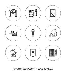 Carpet icon set. collection of 9 outline carpet icons with celebrity, mat, rug, rolls icons. editable icons.