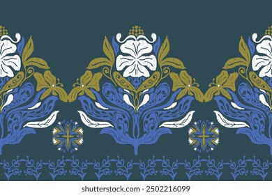 Carpet ikat floral pattern,fabric pattern on navy blue background vector illustration.Ikat ethnic oriental embroidery.Aztec style,abstract background.design for texture,clothing,decoration,carpet,rug.