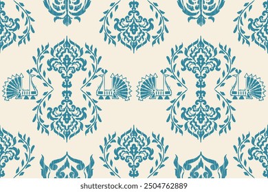 Carpet ikat floral pattern,fabric pattern on navy blue background vector illustration.Ikat ethnic oriental embroidery.Aztec style,abstract background.design for texture,clothing,decoration,carpet,rug.