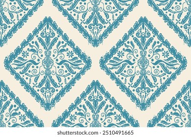 Carpet ikat floral pattern,fabric pattern on navy blue background vector illustration.Ikat ethnic oriental embroidery.Aztec style,abstract background.design for texture,clothing,decoration,carpet,rug.