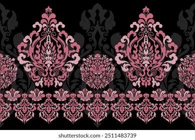 Alfombra ikat patrón floral, patrón de tela sobre fondo azul marino Ilustración vectorial. Ikat bordado oriental étnico. Estilo azteca, fondo abstracto. diseño para textura, ropa, decoración, alfombra, alfombra.