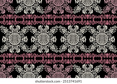 Alfombra ikat patrón floral, patrón de tela sobre fondo azul marino Ilustración vectorial. Ikat bordado oriental étnico. Estilo azteca, fondo abstracto. diseño para textura, ropa, decoración, alfombra, alfombra.