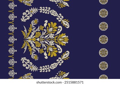 Carpet ikat floral pattern,fabric pattern on navy blue background vector illustration.Ikat ethnic oriental embroidery.Aztec style,abstract background.design for texture,clothing,decoration,carpet,rug.