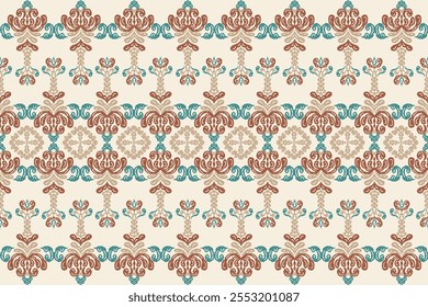 Carpet ikat floral pattern,fabric pattern on navy blue background vector illustration.Ikat ethnic oriental embroidery.Aztec style,abstract background.design for texture,clothing,decoration,carpet,rug.