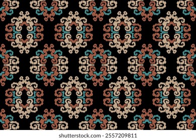 Carpet ikat floral pattern,fabric pattern on navy blue background vector illustration.Ikat ethnic oriental embroidery.Aztec style,abstract background.design for texture,clothing,decoration,carpet,rug.