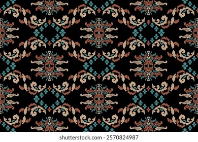 Carpet ikat floral pattern,fabric pattern on navy blue background vector illustration.Ikat ethnic oriental embroidery.Aztec style,abstract background.design for texture,clothing,decoration,carpet,rug.