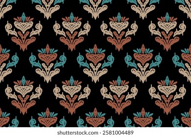 Carpet ikat floral pattern,fabric pattern on navy blue background vector illustration.Ikat ethnic oriental embroidery.Aztec style,abstract background.design for texture,clothing,decoration,carpet,rug.