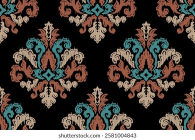 Carpet ikat floral pattern,fabric pattern on navy blue background vector illustration.Ikat ethnic oriental embroidery.Aztec style,abstract background.design for texture,clothing,decoration,carpet,rug.