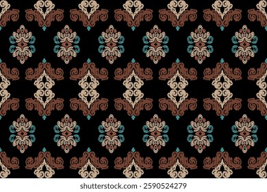 Carpet ikat floral pattern,fabric pattern on navy blue background vector illustration.Ikat ethnic oriental embroidery.Aztec style,abstract background.design for texture,clothing,decoration,carpet,rug.