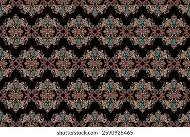 Carpet ikat floral pattern,fabric pattern on navy blue background vector illustration.Ikat ethnic oriental embroidery.Aztec style,abstract background.design for texture,clothing,decoration,carpet,rug.