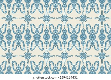 Carpet ikat floral pattern,fabric pattern on navy blue background vector illustration.Ikat ethnic oriental embroidery.Aztec style,abstract background.design for texture,clothing,decoration,carpet,rug.