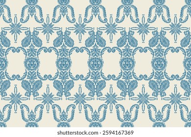 Carpet ikat floral pattern,fabric pattern on navy blue background vector illustration.Ikat ethnic oriental embroidery.Aztec style,abstract background.design for texture,clothing,decoration,carpet,rug.